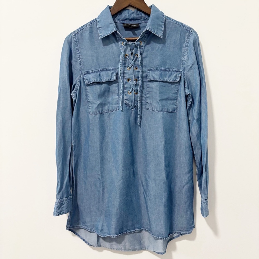 Alison Andrews Chambray Lace-up Popover Dress‎ Womens Size Small Blue Mini Boho